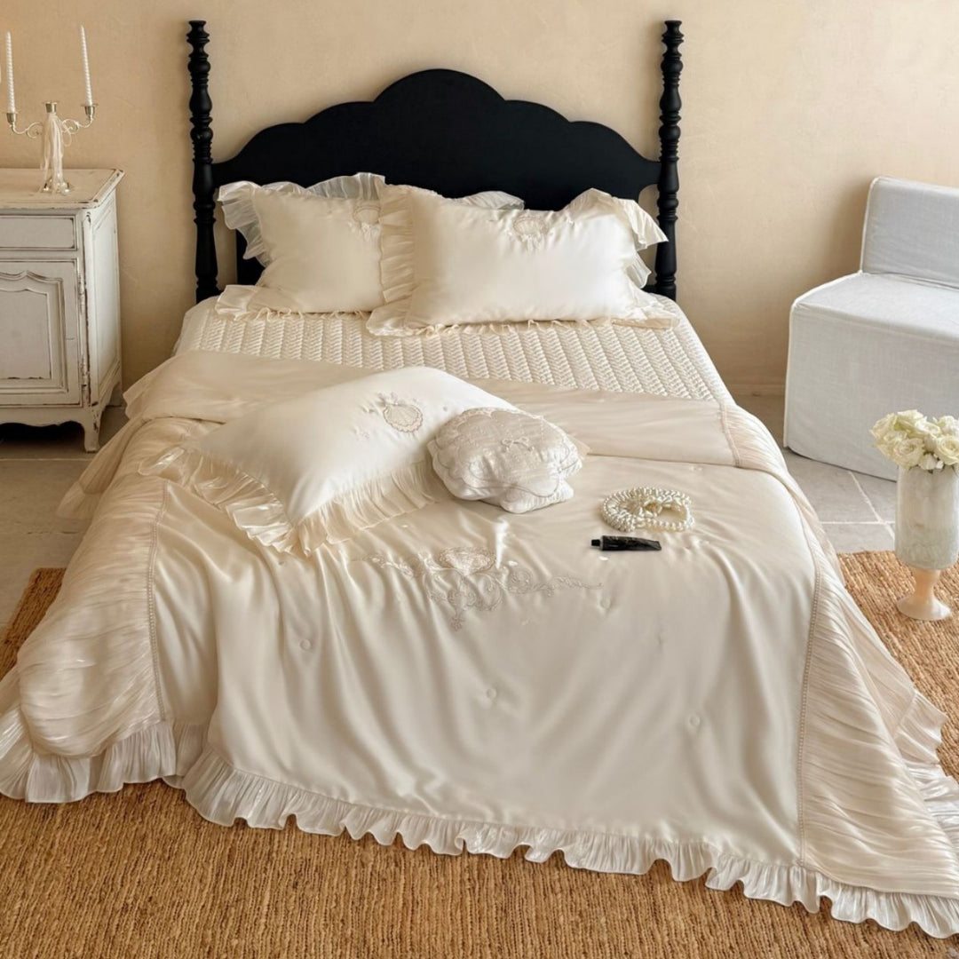 Luxury Satin-Trim Ruffled Duvet & Sham Ensemble with Pleated Flange and Delicate Shell Embroidery