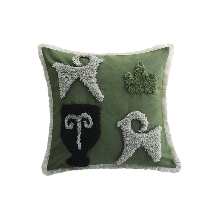 Square decorative cushion cover with hand-tufted ethnic appliqué motif and fringed edge Stornfield