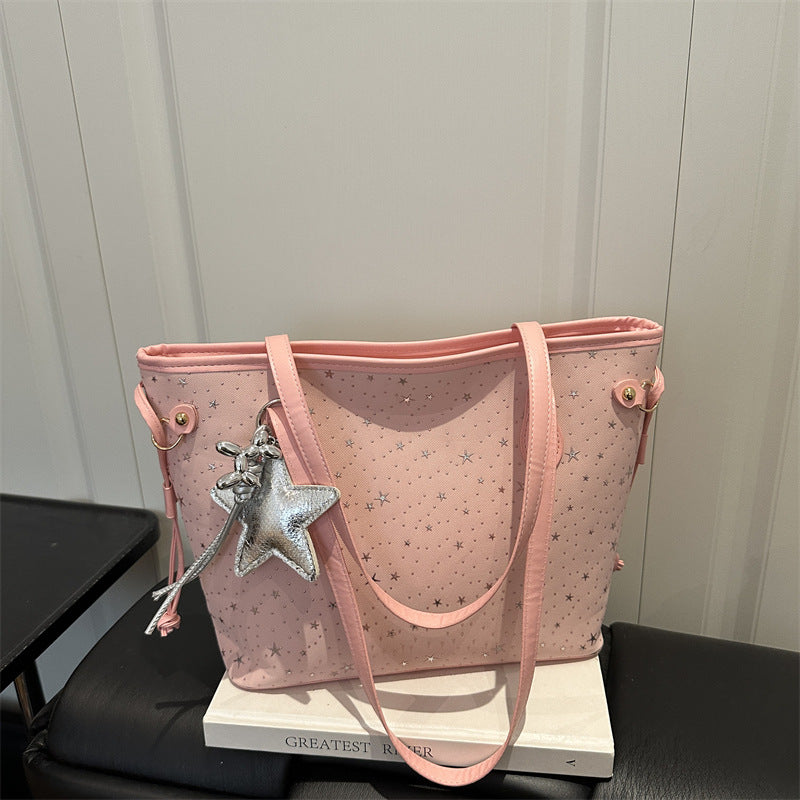 Star-Accented Faux Leather Tote Bag