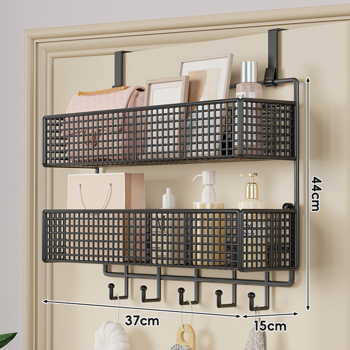 Over-Door Hanging Double-Tier Ventilated Mesh Storage Basket Organizer with Hooks