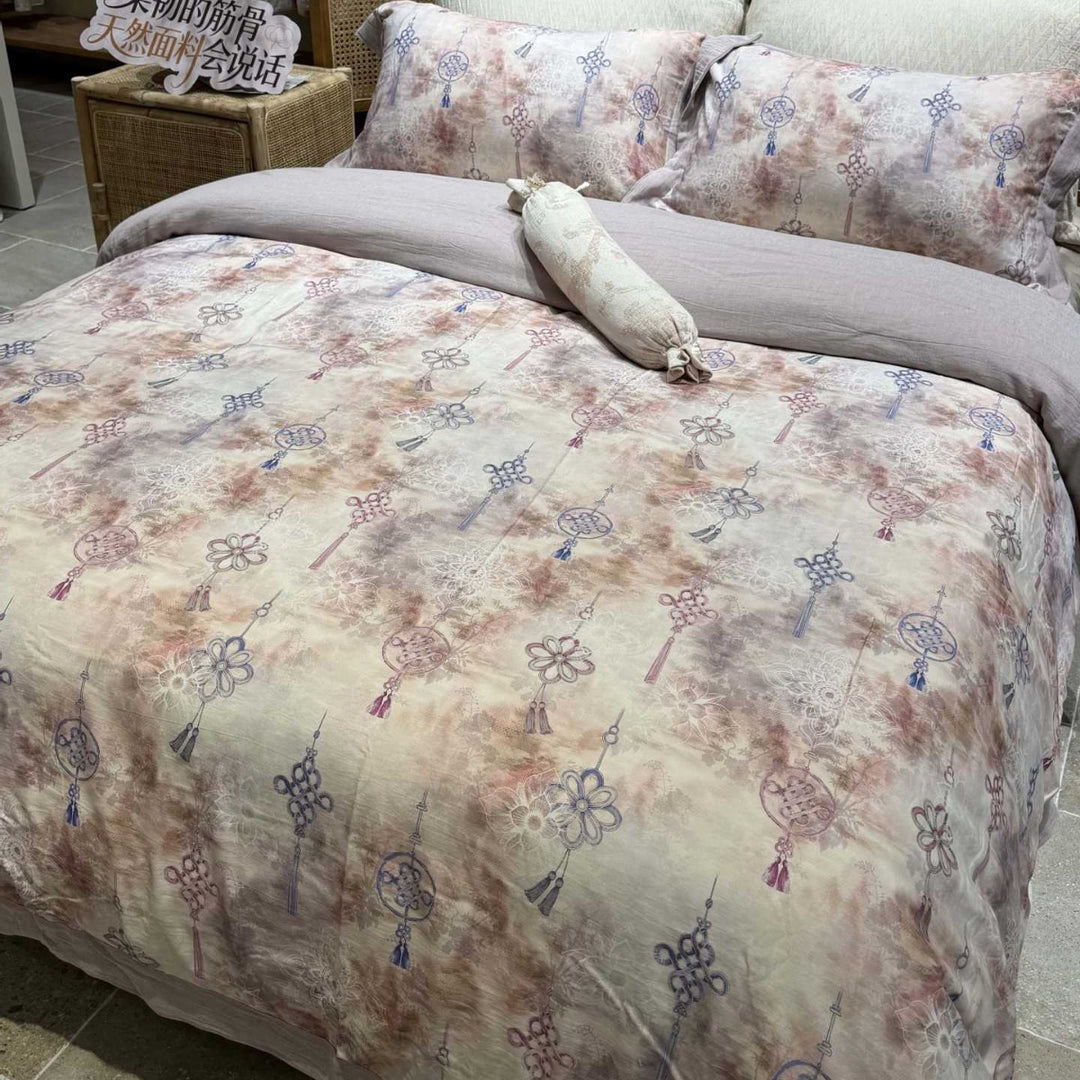 Paisley-Jacquard bedding set made of cotton percale with linen-look border