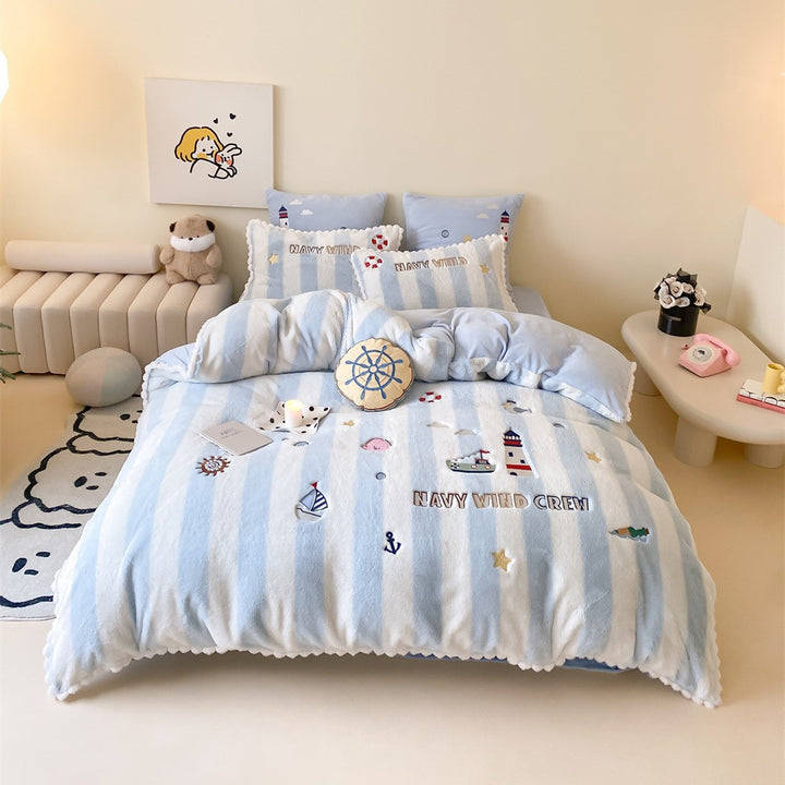 Cartoon Space-Themed Cotton Duvet Cover Set with Reversible Velvet Scallop Trim and Embroidered Astronaut Motifs