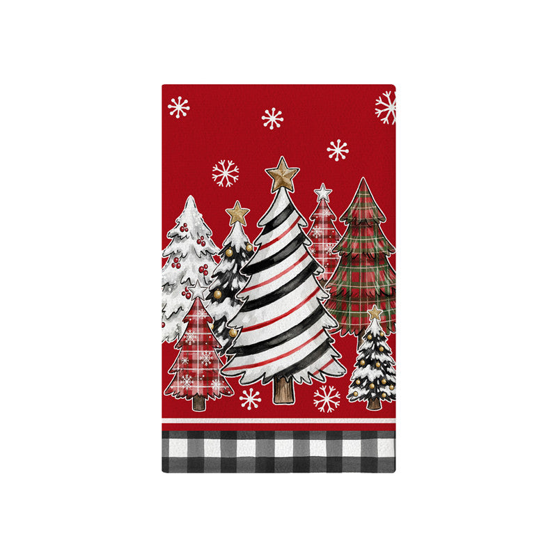 Festive Cotton-Linen Kitchen Tea Towel with Christmas Tree Print and Buffalo Check Border