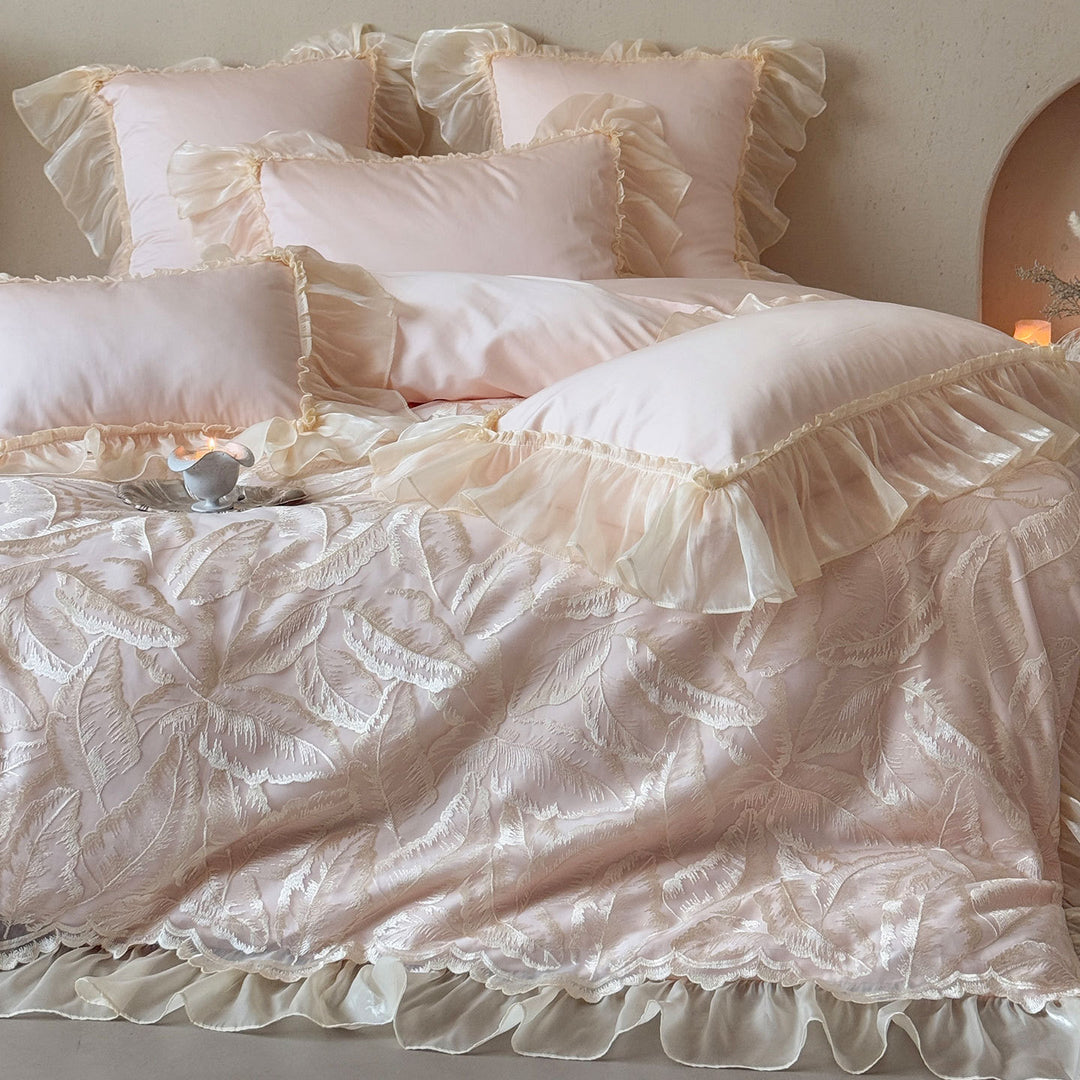 Luxurious Ruffled Organza-Trim Satin Duvet Cover Set with Embroidered Leaf Jacquard Bedspread