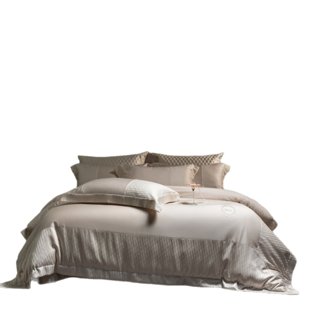 Silk-Feel Jacquard Sateen Duvet Cover Set with Embroidered Crest & Bed Skirt