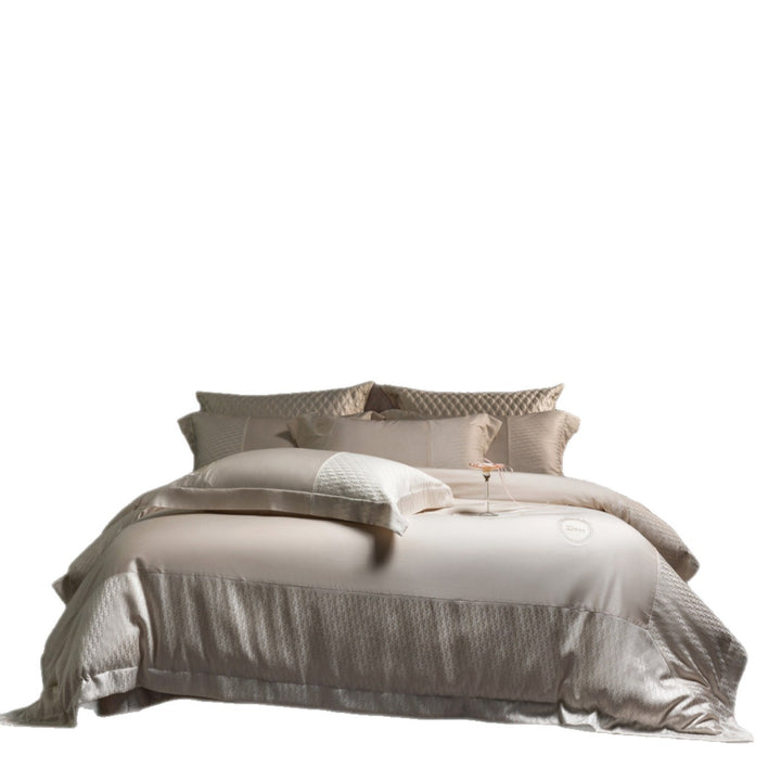 Silk-Feel Jacquard Sateen Duvet Cover Set with Embroidered Crest & Bed Skirt