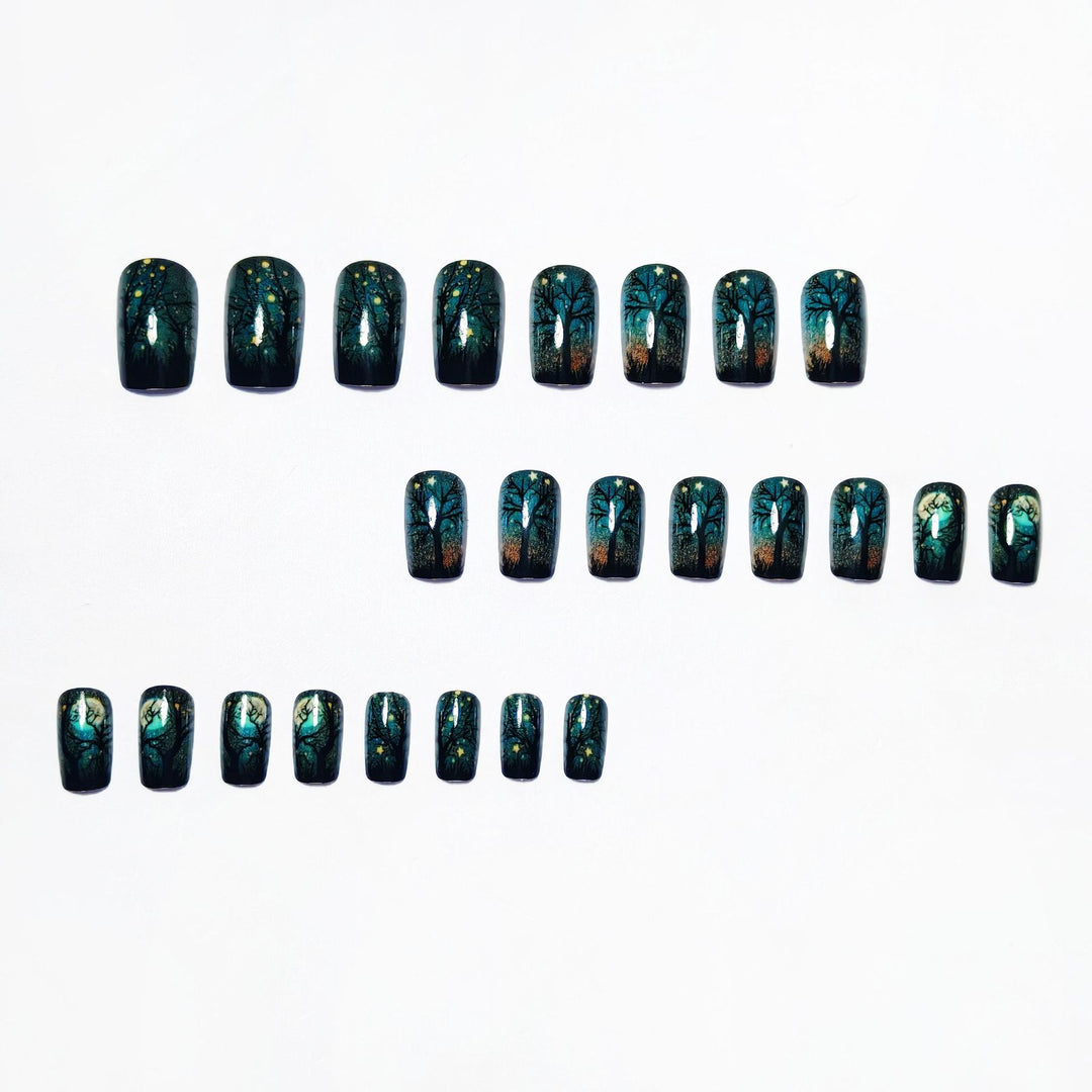 Creative Acrylic Nails with Midnight Forest Design Stornfield