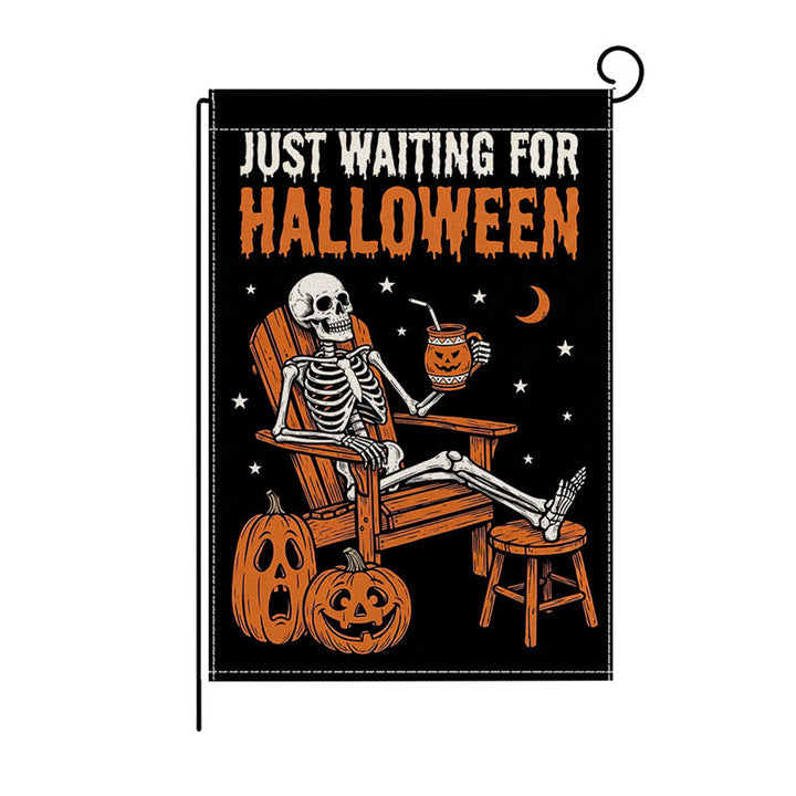 Outdoor Halloween Garden Flag Double-Sided Polyester Yard Banner with Skeleton and Jack-o'-Lantern Illustration