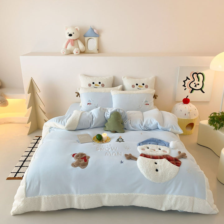 Children's Sherpa-Trim Snowman & Gingerbread Appliqué Duvet Cover Set