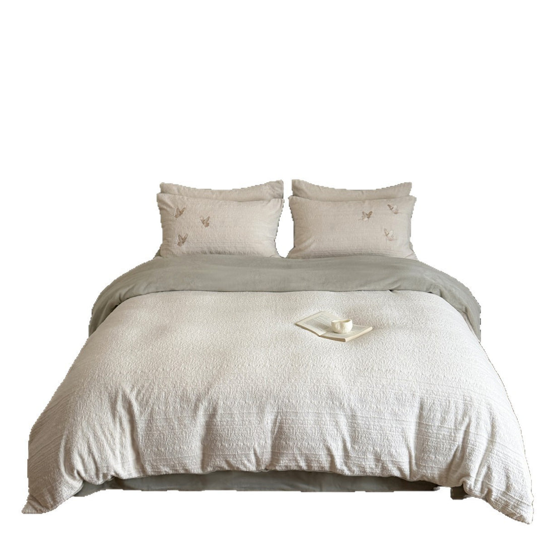Washed Cotton-Linen Textured Duvet Cover Set with Subtle Embroidered Motif