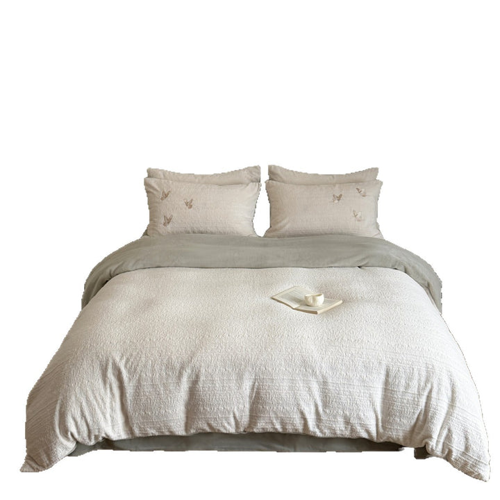 Washed Cotton-Linen Textured Duvet Cover Set with Subtle Embroidered Motif