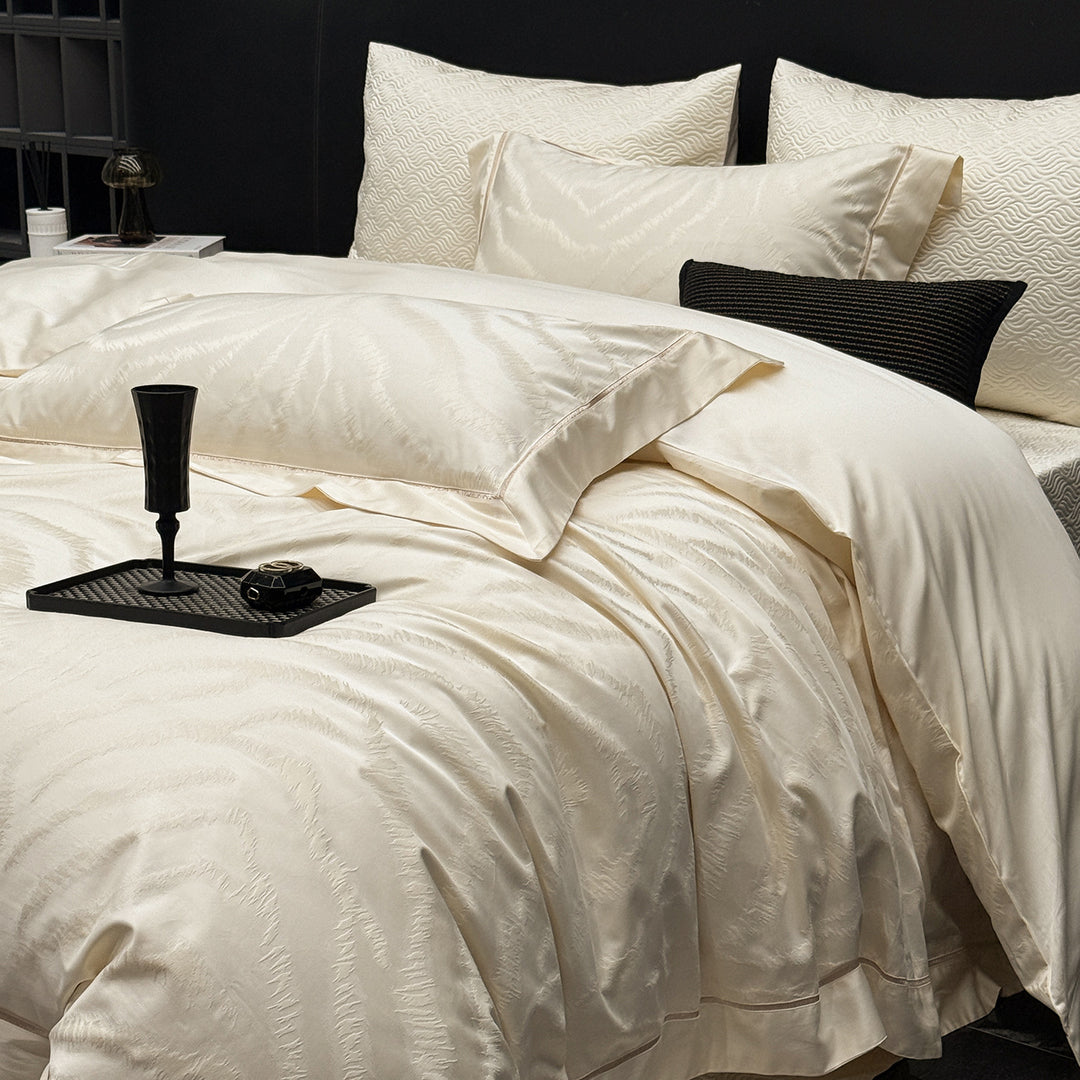 Elegant bed linen set made of cotton satin with subtle wave jacquard and satin edge