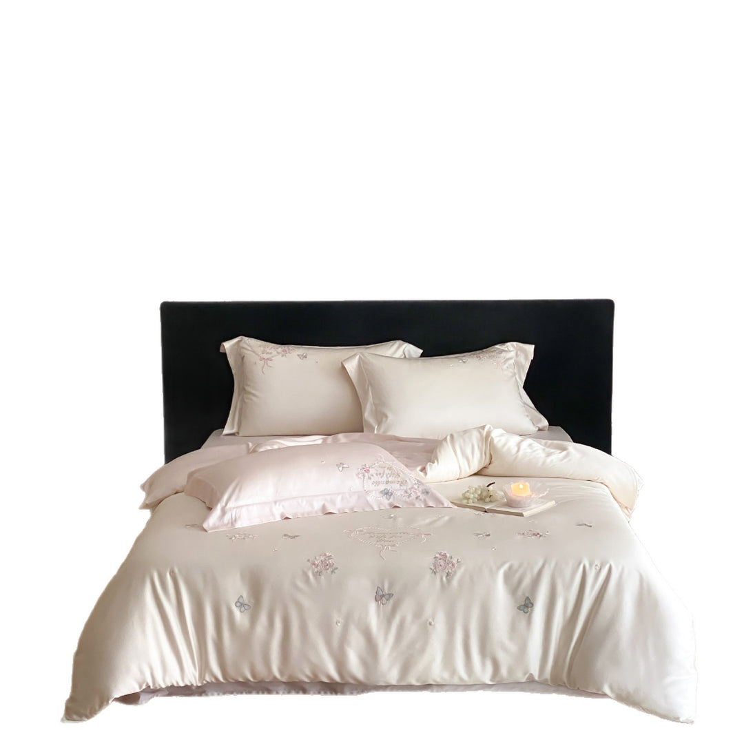 Silk-Feel Satin Embroidered Butterfly and Floral Duvet Cover Set with Pillowcases