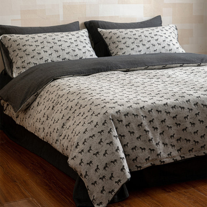Printed Linen-Blend Reversible Duvet Cover Set with Horse Motif
