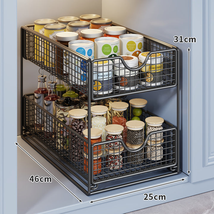 Two-Tier Metal Wire Pantry Basket Organizer with Slide-Out Drawers