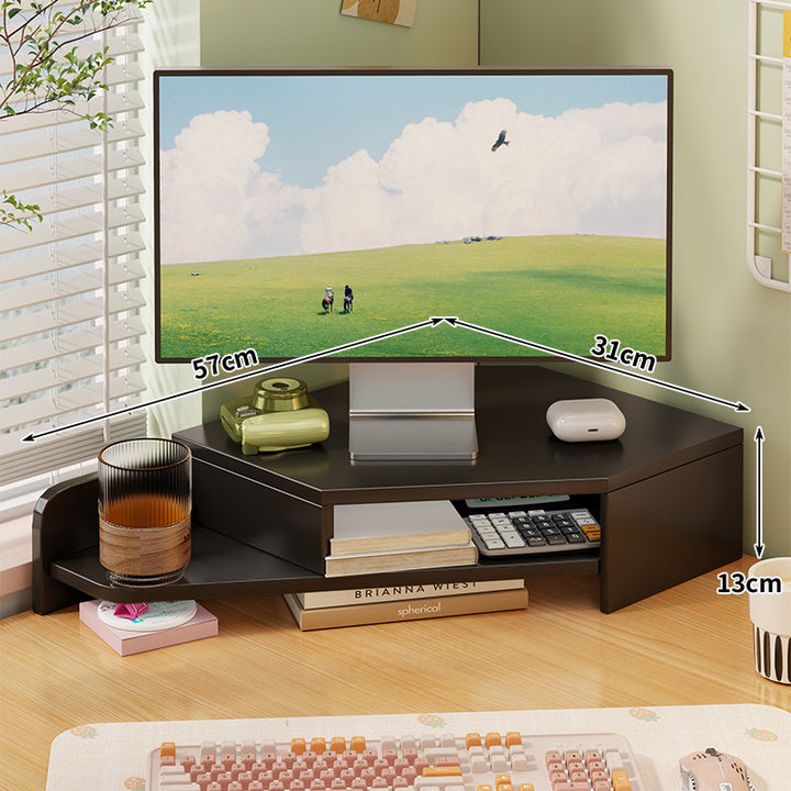Corner Wooden Monitor Riser with Dual-Tier Storage Shelf