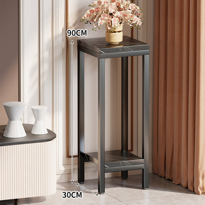 Tall Narrow Marble-Top Plant Stand Side Table with Lower Shelf and Gold Metal Frame
