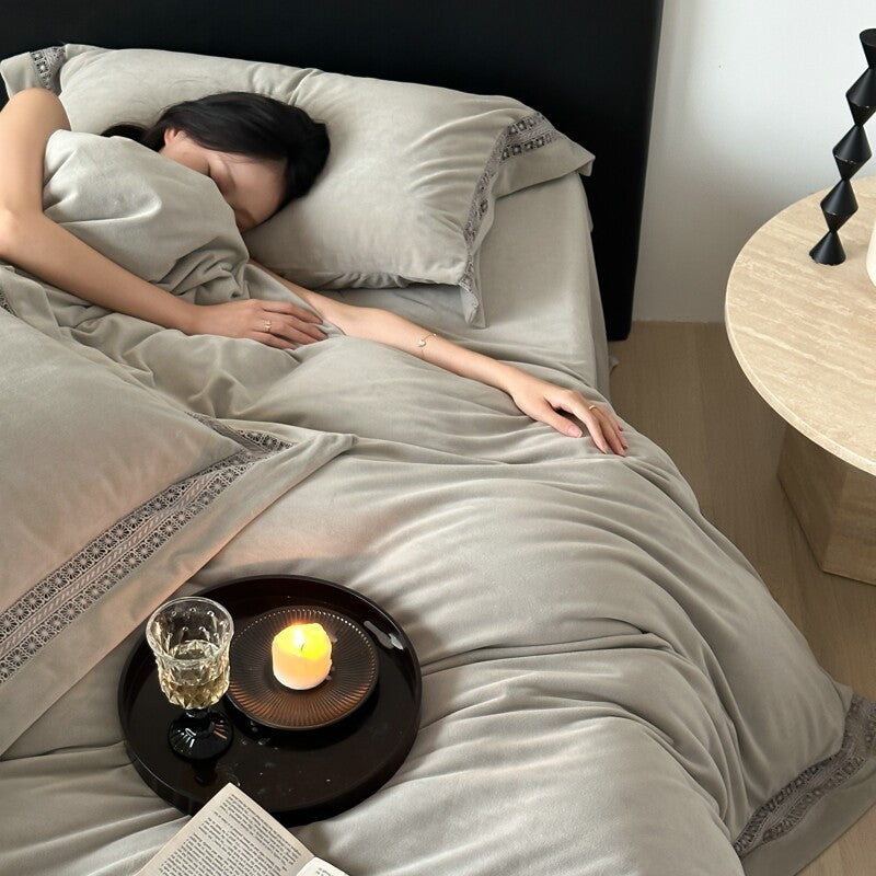 Luxury Brushed Velvet Duvet Cover Set with Lace-Inset Border