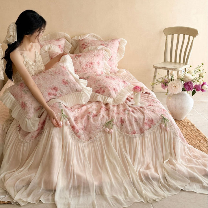 Romantic bedding set with chiffon bed skirt and butterfly print