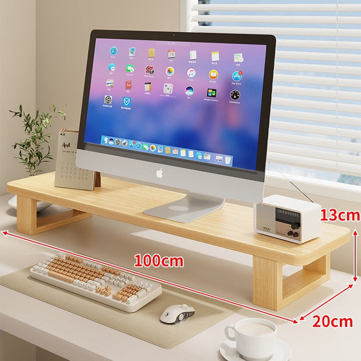 Wide Wooden Monitor Riser Shelf with Under-Shelf Storage and Cable Management