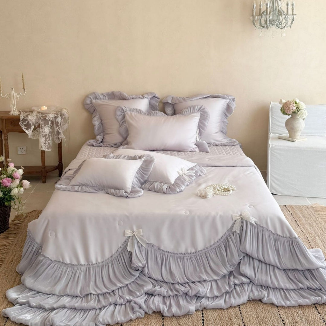 Ruffled Layered Satin Bedspread and Pillow Sham Set with Frilled Edges
