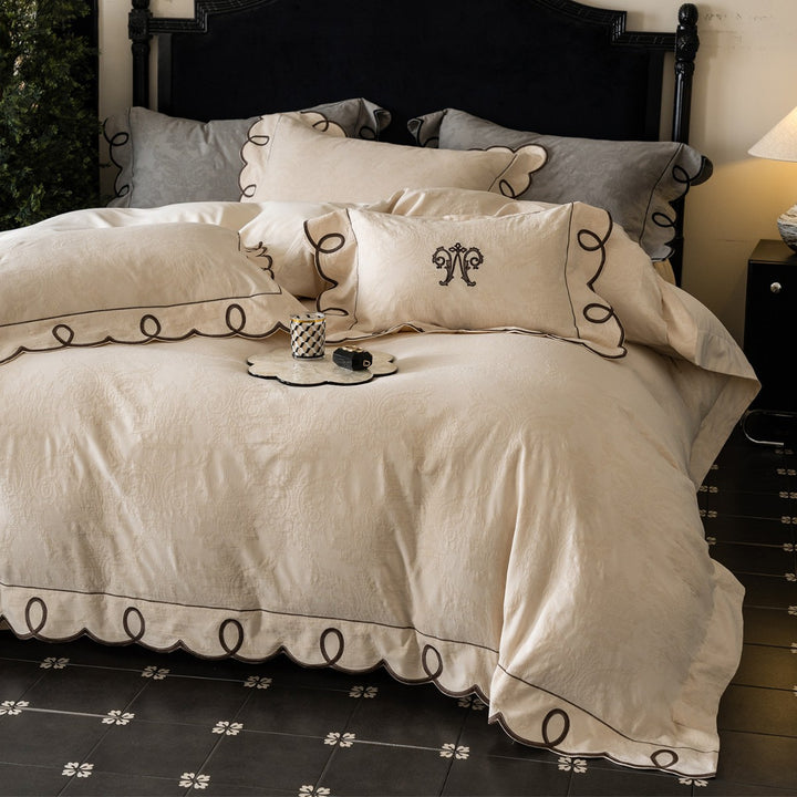 Embroidered Scalloped-Loop Jacquard Duvet Cover Set with Matching Pillow Shams