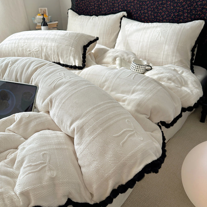 Embossed Bow-Pattern Quilted Comforter Set with Pom-Pom Trim