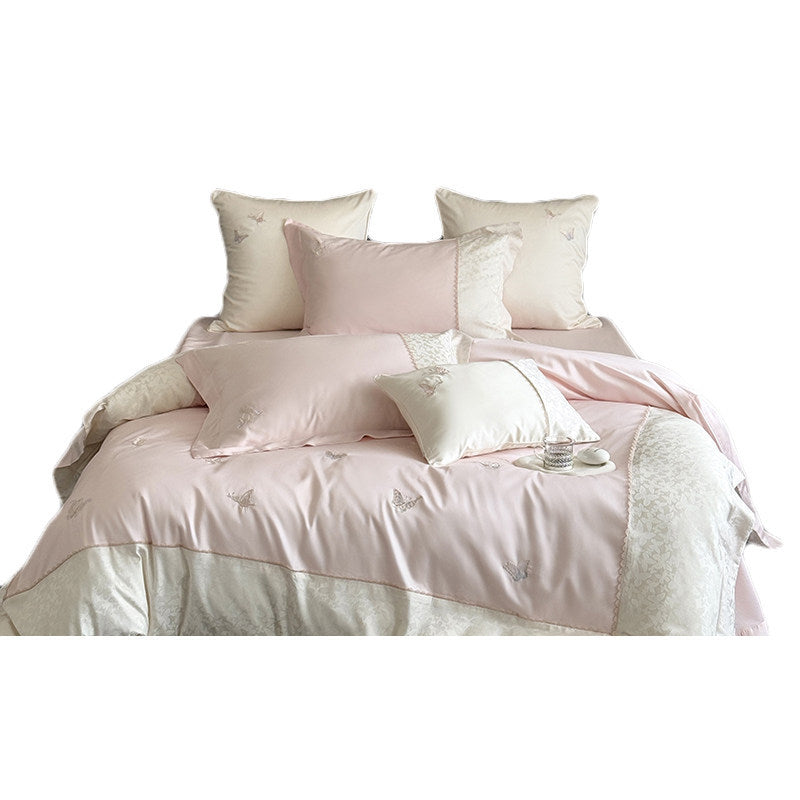 Luxurious cotton satin bedding set with butterfly embroidery and tie band pillow