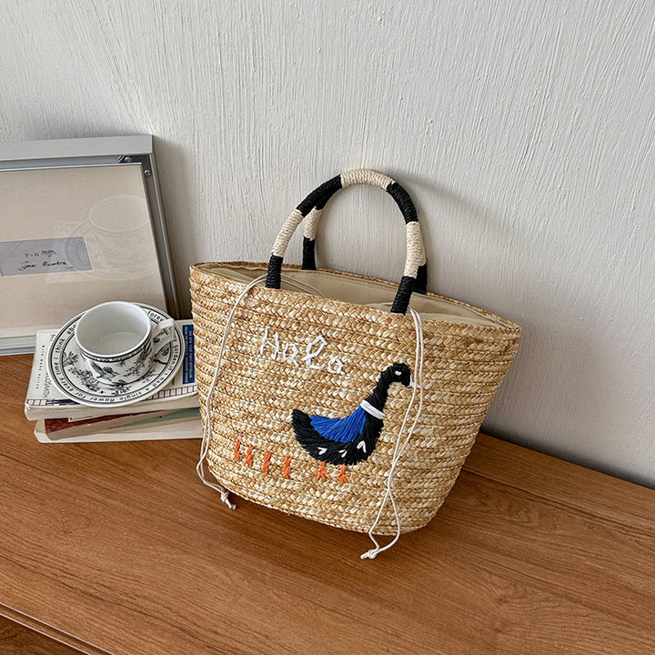 Embroidered Straw Market Tote