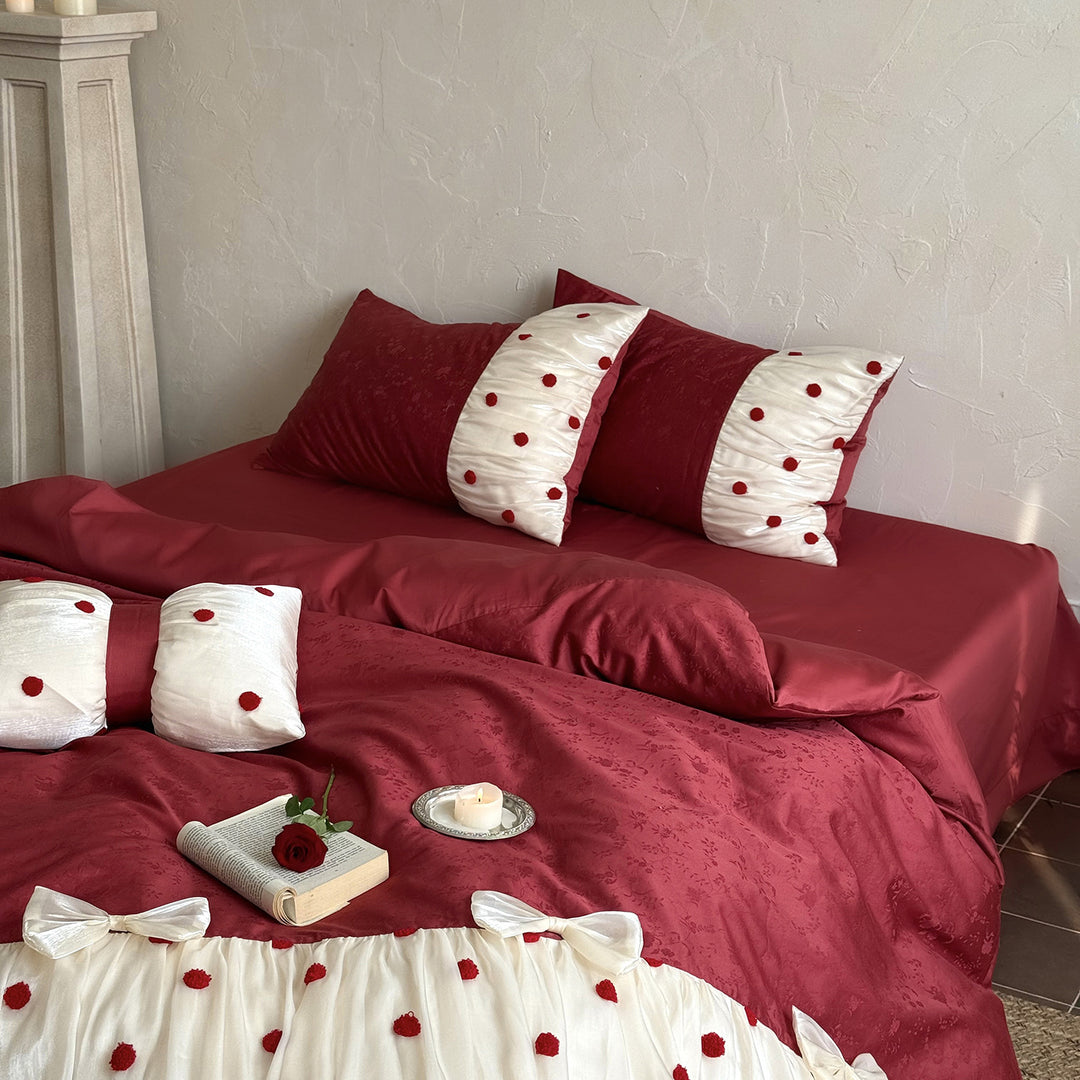 Luxurious Polka Dot Velvet Reversible Duvet Cover Set with Sheer Ruffle Trim and Decorative Bows