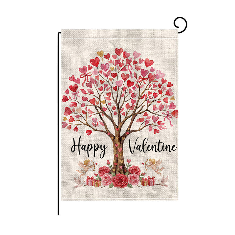 Double-Sided Burlap-Texture Rose Heart Wreath Welcome Garden Flag