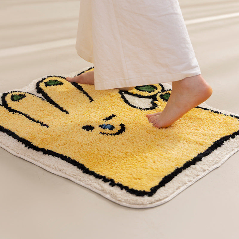 Shaped bath mat in hand shape with tufted chenille texture and non-slip underside