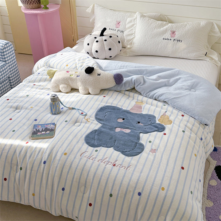 quilted cuddly blanket with 3D rabbit applique and floral microfiber cover
