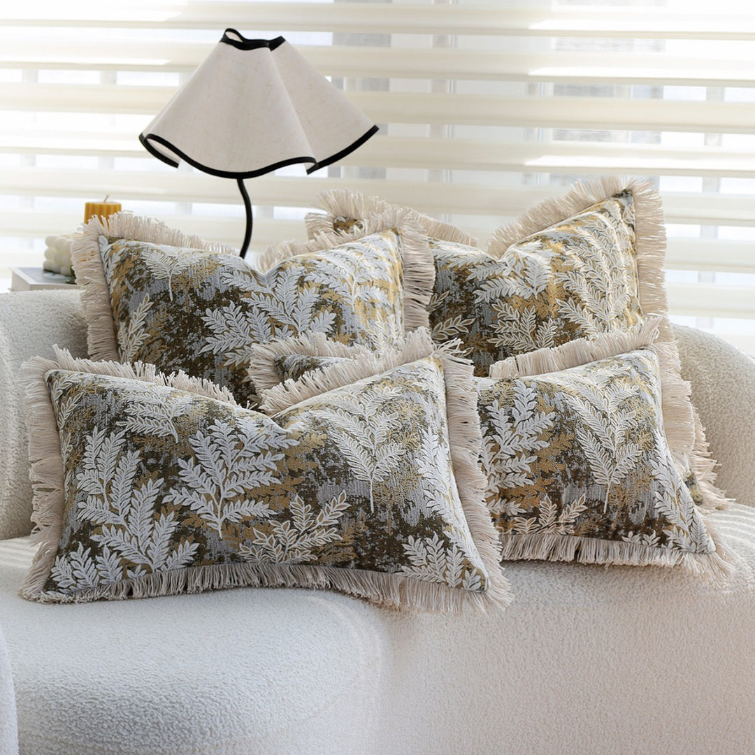 Decorative velvet cushion cover with embroidered fern jacquard and fringed edge Stornfield