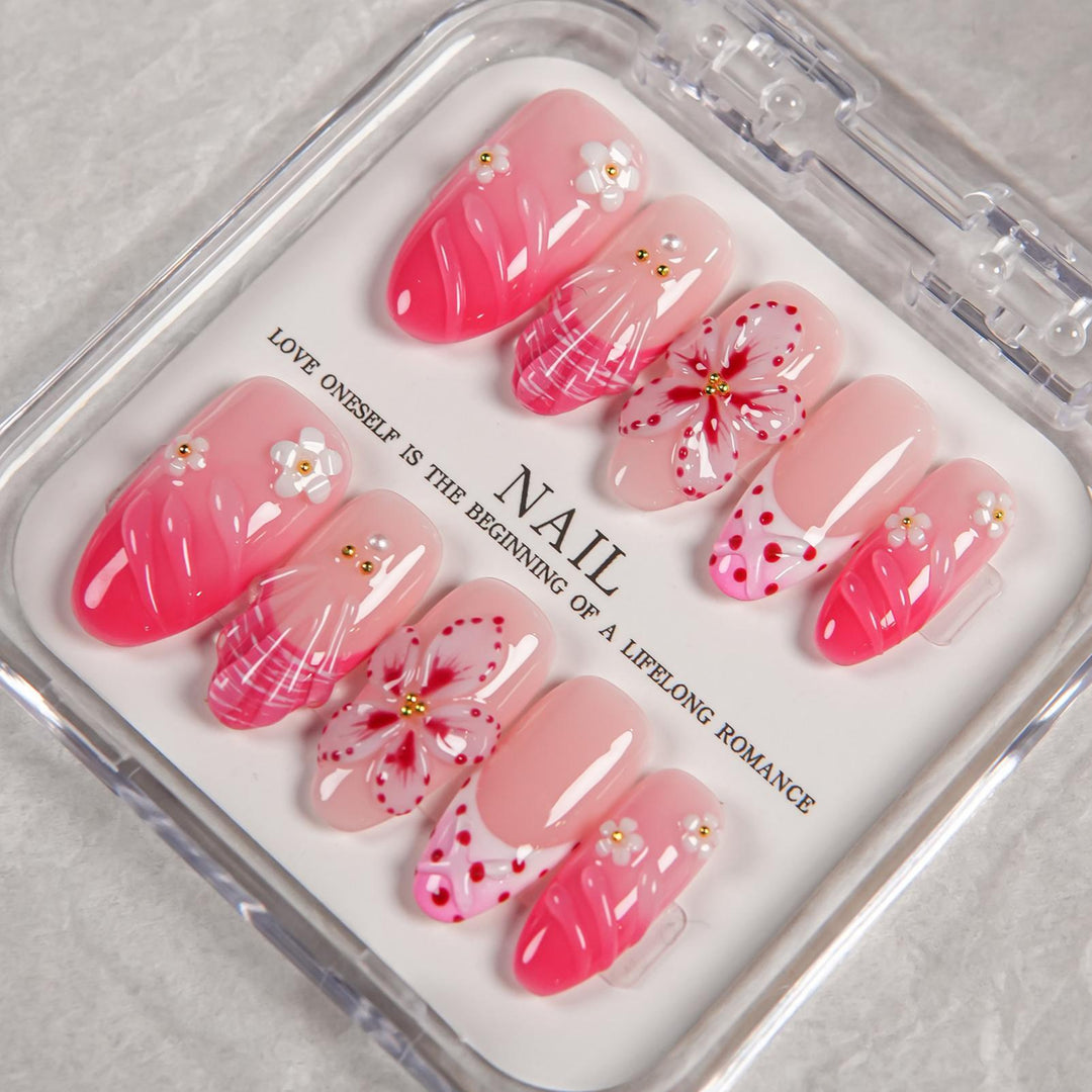 Decorative Press-On Nail Set with Floral Designs
