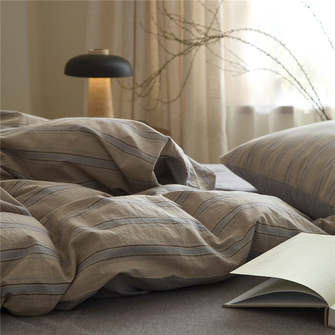 Reversible Striped Cotton-Linen Duvet Cover Set with Soft Brushed Backing