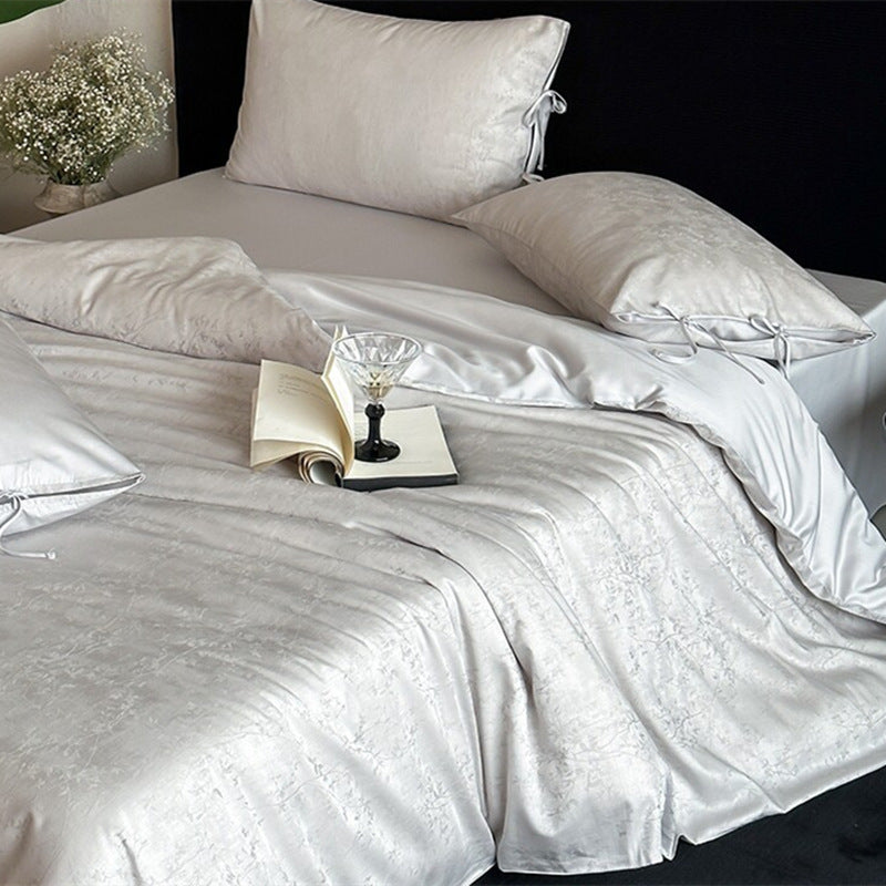 Jacquard Satin-Look Duvet Cover Set with Tied Pillow Shams