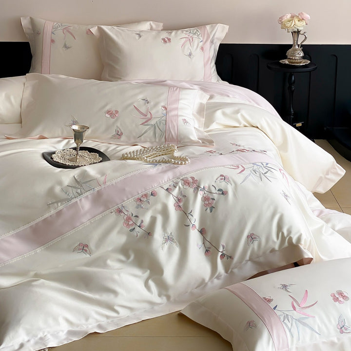 Silk-Feel Reversible Embroidered Botanical Duvet Cover Set with Satin-Trim Shams