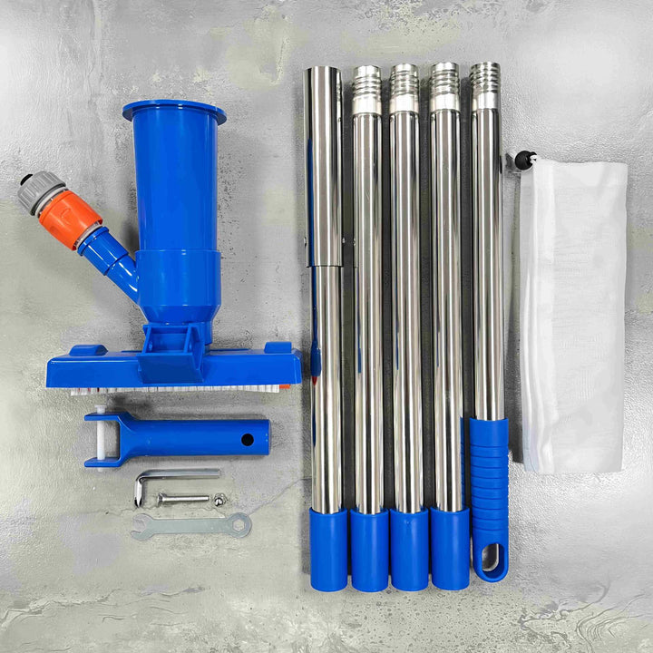 Telescopic stainless steel pool vacuum kit with brush head and fine mesh leaf bag Stornfield