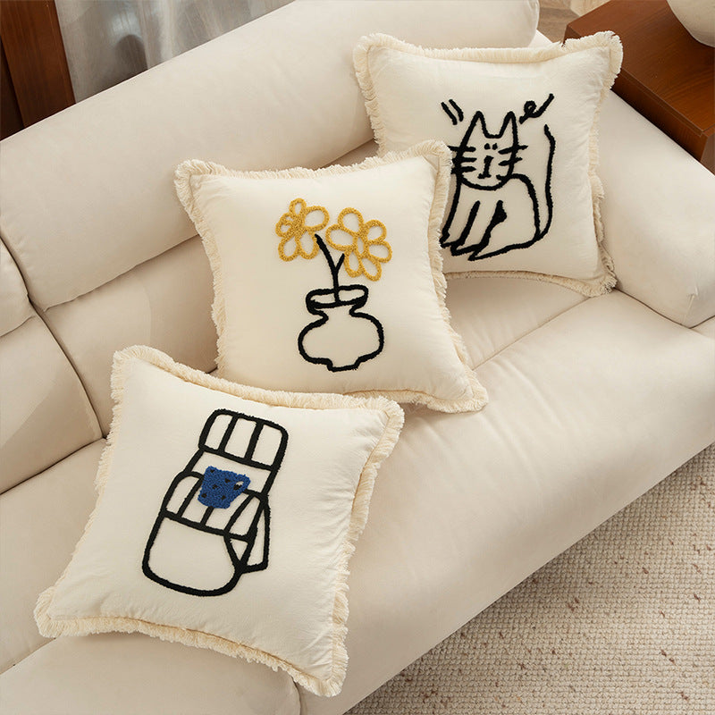 Woven decorative pillow cover with embroidered café motif and decorative fringe edge Stornfield