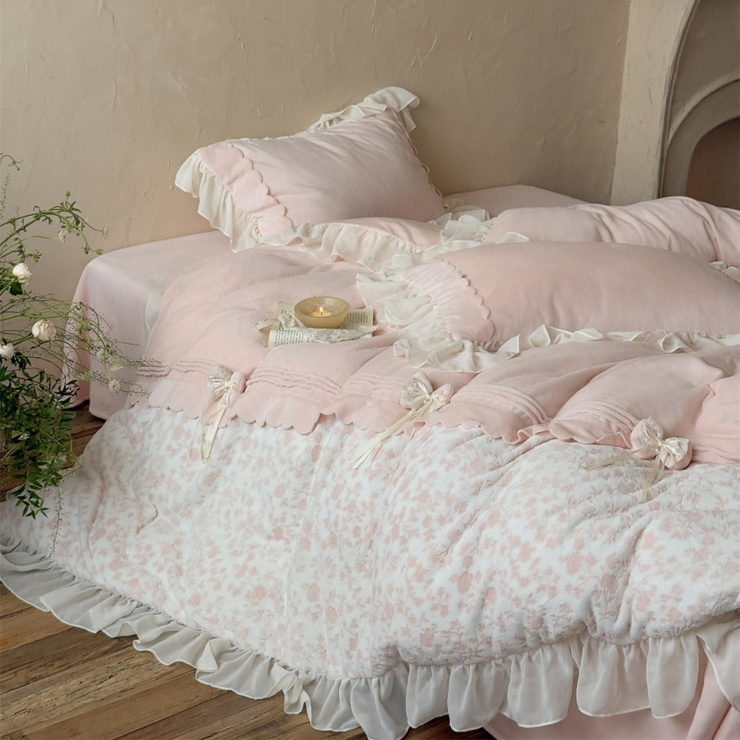 Ruffled Floral Cotton Duvet Cover Set with Sheer Ruffle Bedskirt & Decorative Tie-Bows