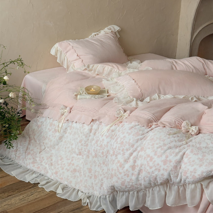 Ruffled Floral Cotton Duvet Cover Set with Sheer Ruffle Bedskirt & Decorative Tie-Bows