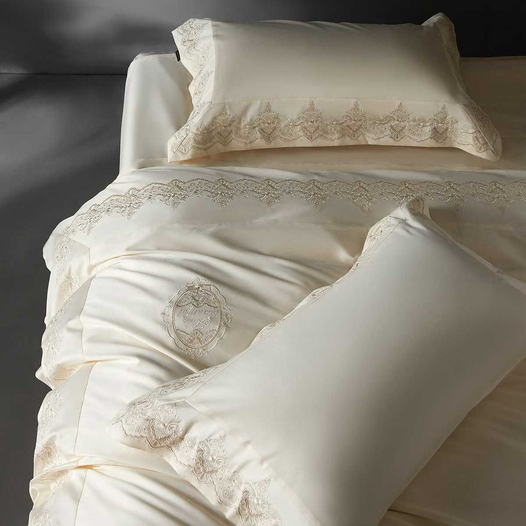 Luxury Satin-Feel Embroidered Lace-Trim Bedding Duvet Comforter Set