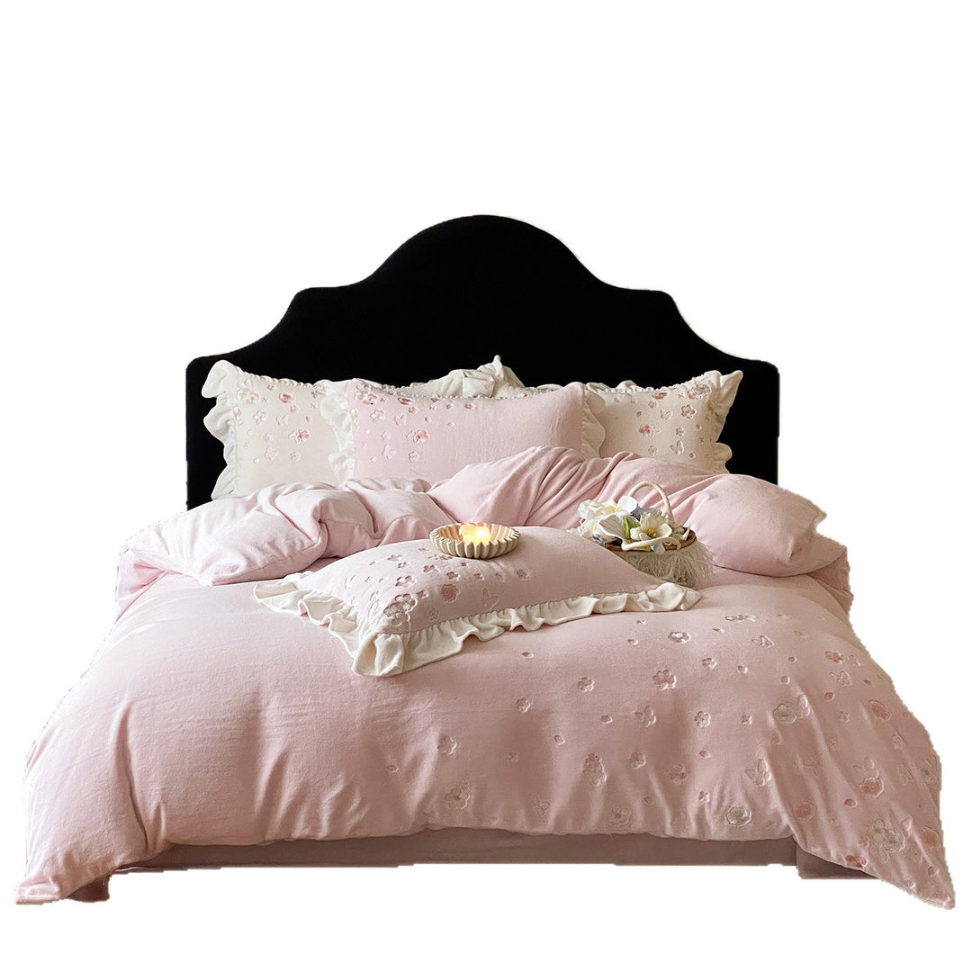 Soft Brushed Cotton Floral Embroidered Ruffled Duvet Cover & Sham Set