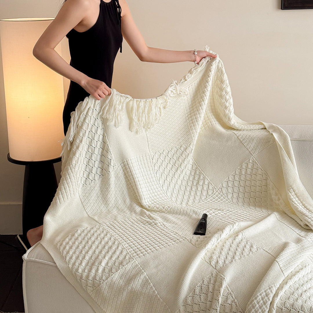 Textured Patchwork Cotton Knit Fringe Throw Blanket