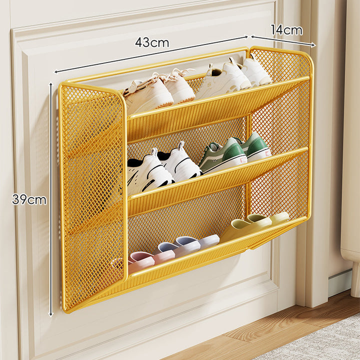 Wall-Mounted Fold-Down Mesh Shoe Shelf Organizer for Slim Entryways