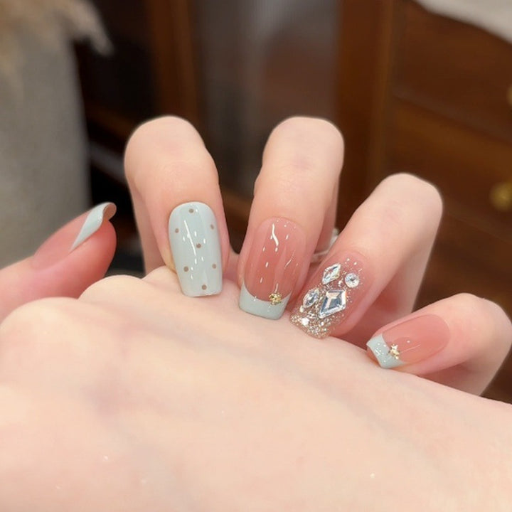 Elegant Artistic Press-On Nail Set with Gem Embellishments