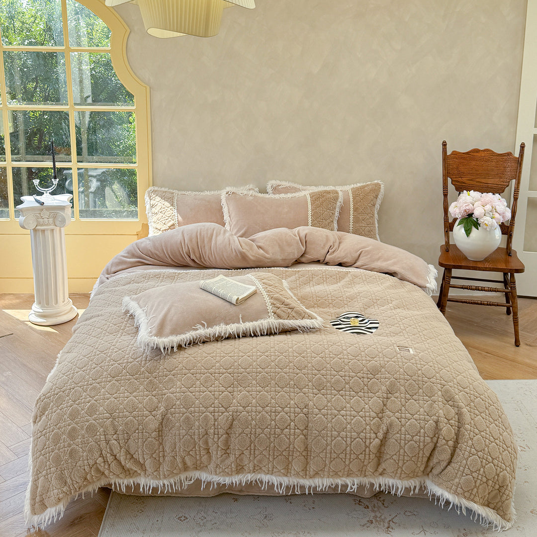 Plush Quilted Reversible Comforter Set with Fringed Sherpa Trim and Decorative Pillow Shams