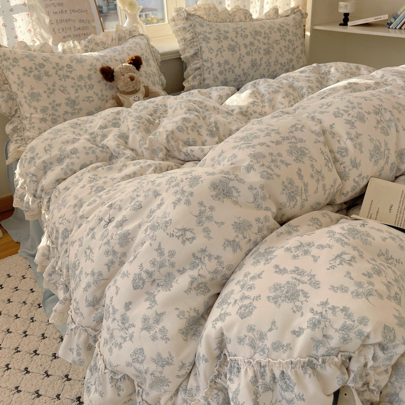 Ruffled Floral Pattern Duvet Cover Set