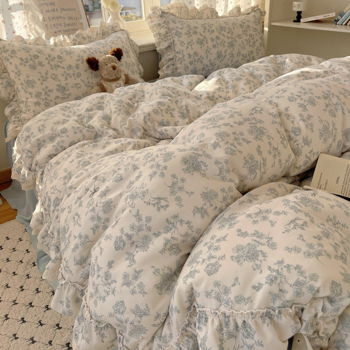 Ruffled Floral Pattern Duvet Cover Set